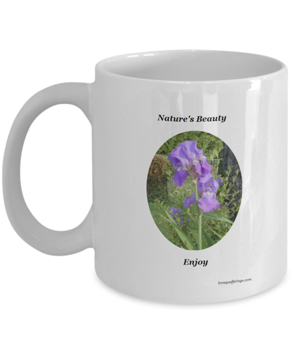 Purple Iris Mug for the Flower Lover. This coffee mug makes a great gift to yourself or someone else who is a lover of iris. The purple iris is symbolic of wisdom and compliments. The blue iris symbolizes faith and hope. Enjoy the beauty of this flower on the side of your iris mug everyday. 