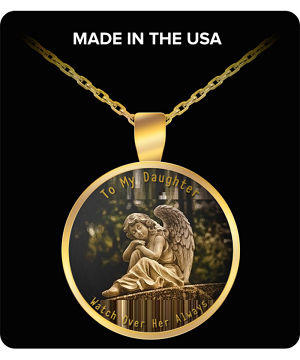 Gold Round Angel Caller Necklace for Daughter. A request for an angel to watch over your daughter always.