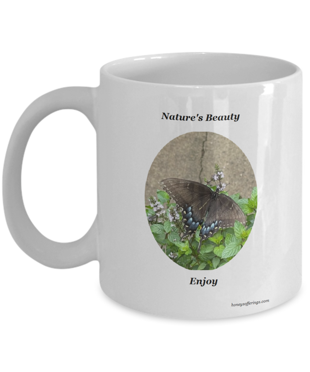Butterfly Coffee Mug with a butterfly that has beautiful purple spots. Mugs for our teacher or just the nature lover with uniquely colored butterfly.  Enjoy your morning coffee while viewing this precious nature scene of a butterfly with purple spots. Butterfly Mug Gift for the Nature Lover.