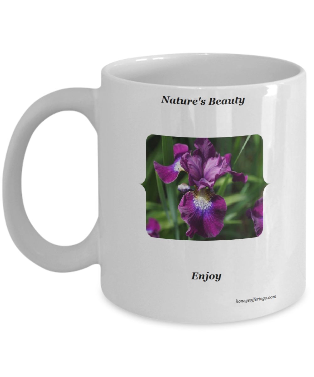 Dark Purple Iris Mug for the Nature Lover. Iris aren't blooming right now in your yard, then just enjoy the memory with this beauty on the side of your coffee mug.