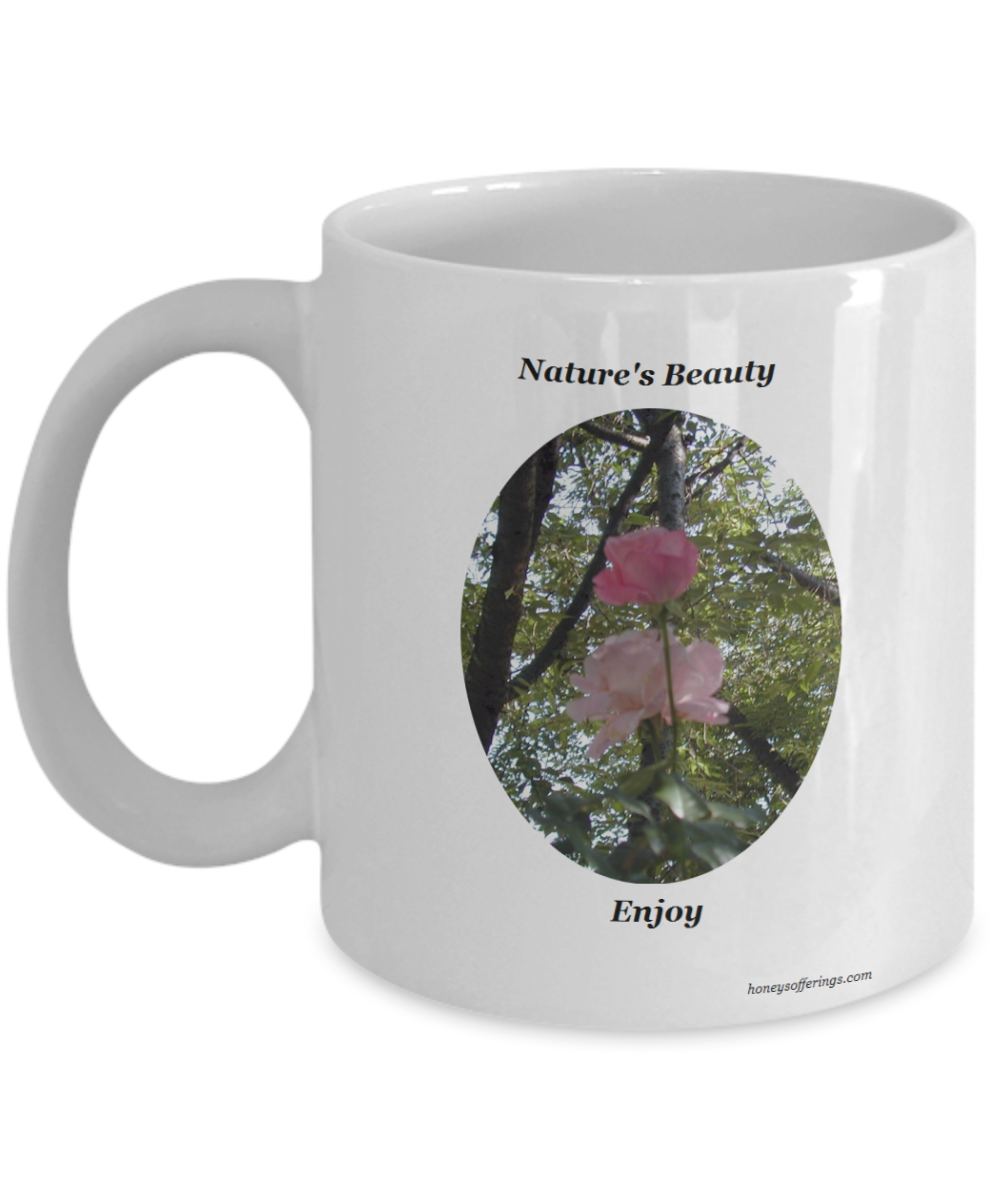 Light Pink Roses Mug with tree background - Coffee Mug with a light pink rose picture. Light Pink Rose mugs as gifts allow one to express their appreciation to another without saying a word.