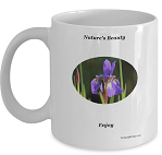 Purple Iris Coffee Mug with a deep purple iris image. Mug for those who have a love for the deep purple colored iris.  Enjoy your morning coffee while viewing this beautiful deep purple colored iris image on the side of your cup. Dark Purple Iris Mug Gift for the Flower Lover.