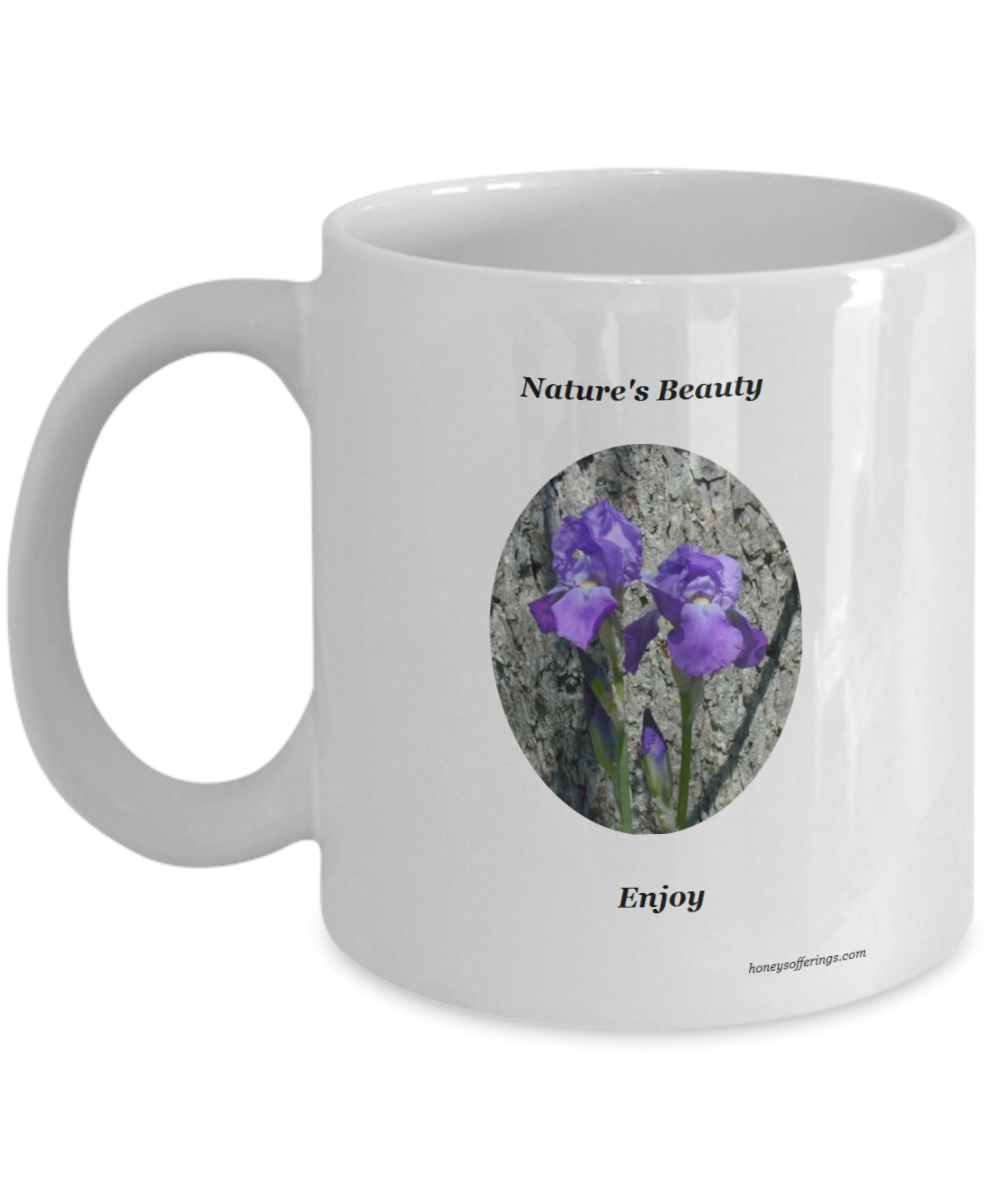 Purple Iris Tea Mug - Tea Mug with beautiful purple iris flowers. This mug will give you an uplifting feeling when drinking your morning tea and viewing this beautiful gift of nature.