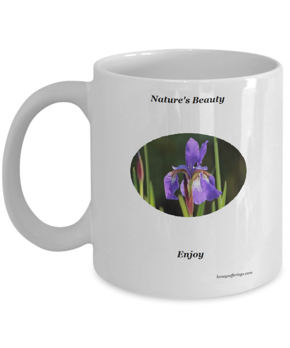Purple Iris Mug - Coffee Mug with beautiful purple iris image. This mug will give you a feeling of happiness when drinking your morning coffee and viewing this beautiful gift of nature.