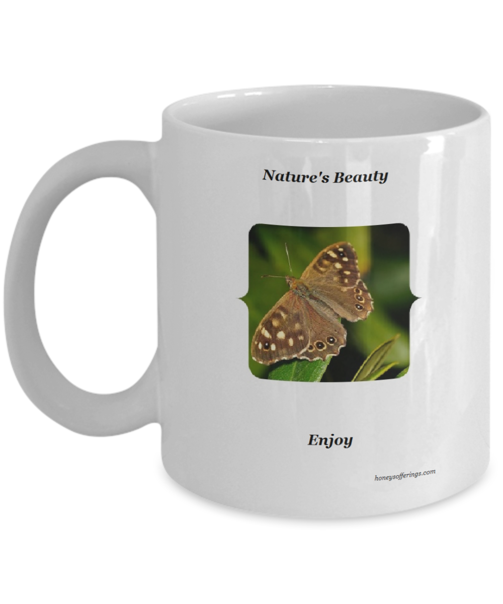 Butterfly Mug - Coffee Mug with speckled wood butterfly. This mug will give you feeling of relaxation when drinking your morning coffee and viewing this beautiful gift of nature.