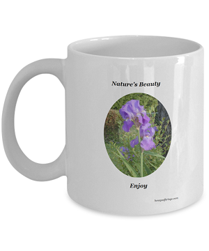 Floral Coffee Mug with Purple Iris for Mom or Nature Lover Friend - Floral Mug, 11 oz mug, dishwasher and microwave safe iris mug.